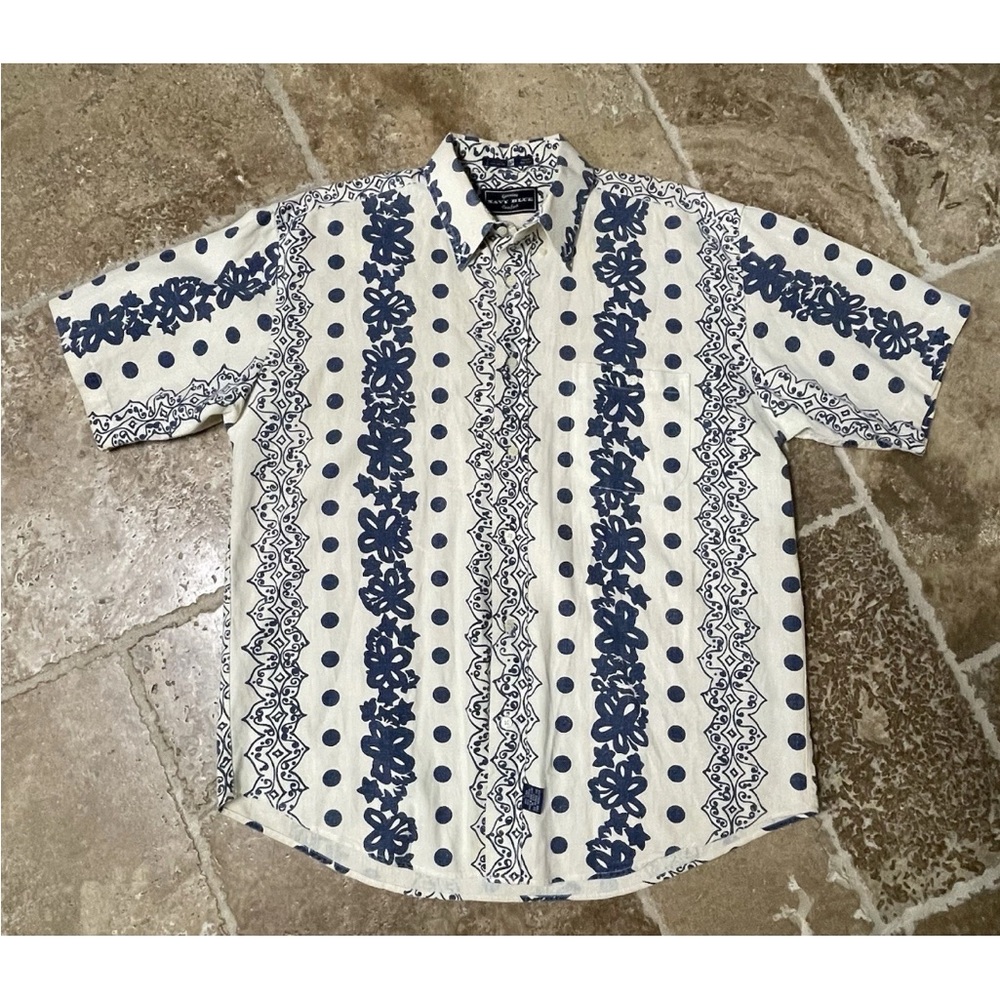 Genuine Navy Men's Blue and White Linen Blend Patterned Casual Button Up Shirt